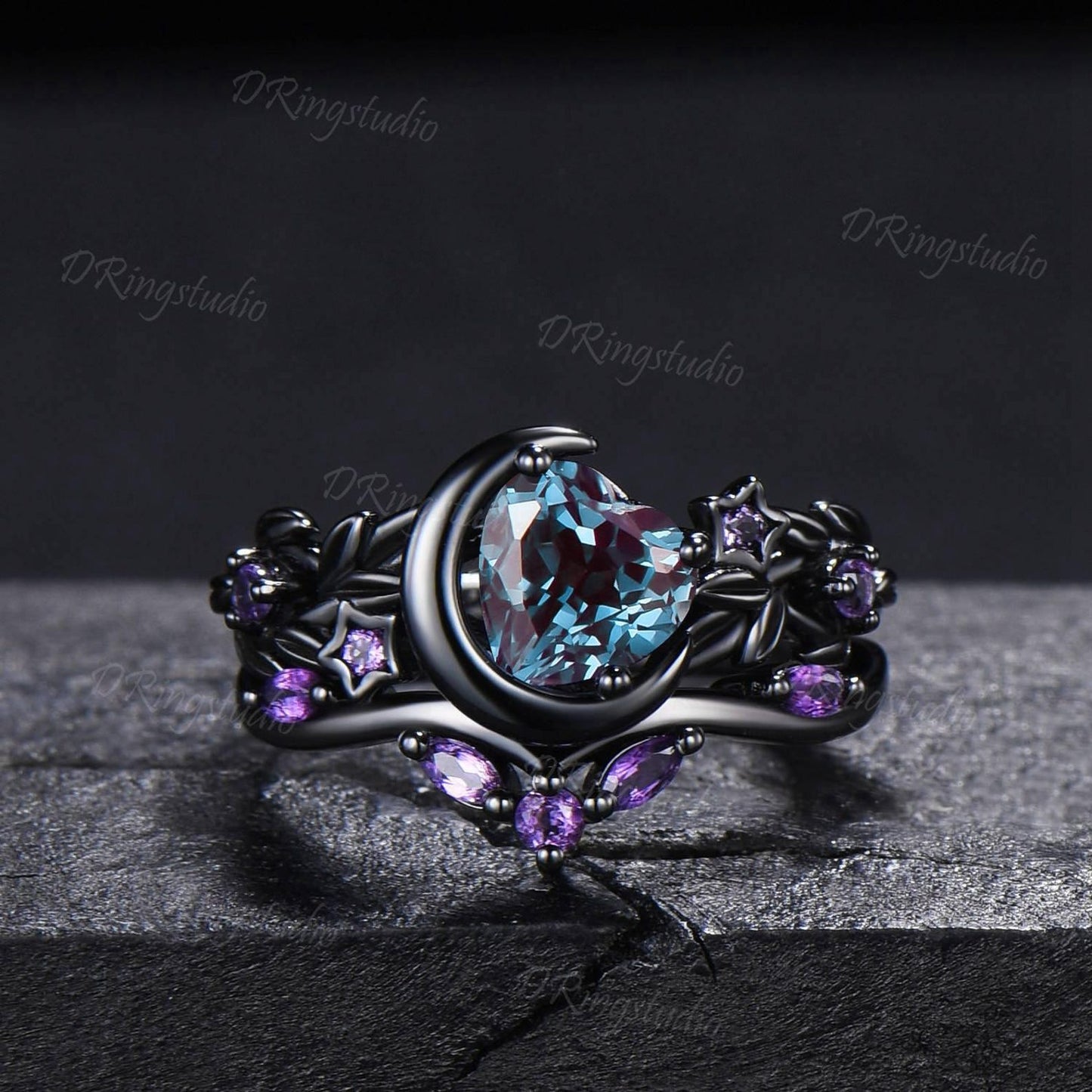 Heart Color Change Alexandrite Engagement Ring Set Moon Star Celestial Black Twig Branch Amethyst Wedding Ring June Birthstone Proposal Gift