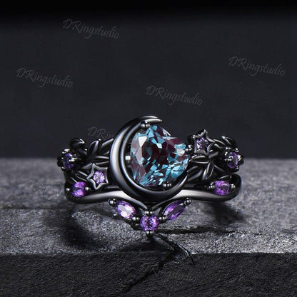 Heart Color Change Alexandrite Engagement Ring Set Moon Star Celestial Black Twig Branch Amethyst Wedding Ring June Birthstone Proposal Gift