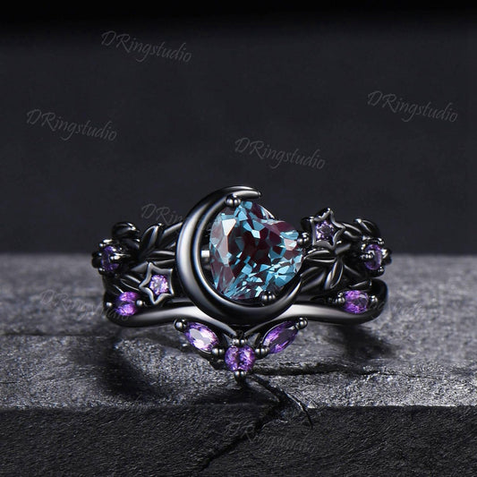 Heart Color Change Alexandrite Engagement Ring Set Moon Star Celestial Black Twig Branch Amethyst Wedding Ring June Birthstone Proposal Gift