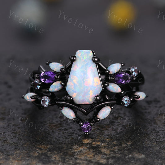 Vintage Coffin White Opal Engagement Ring Set,Black Gold,Vines Amethyst Opal Ring,Women Bridal Set,Unique Twig Anniversary Promise Ring Gift