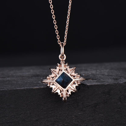 Celestial Moon Pendant Necklace Vintage Princess London Blue Topaz Necklace Square December Birthstone Pendant Rose Gold Minimalist Necklace