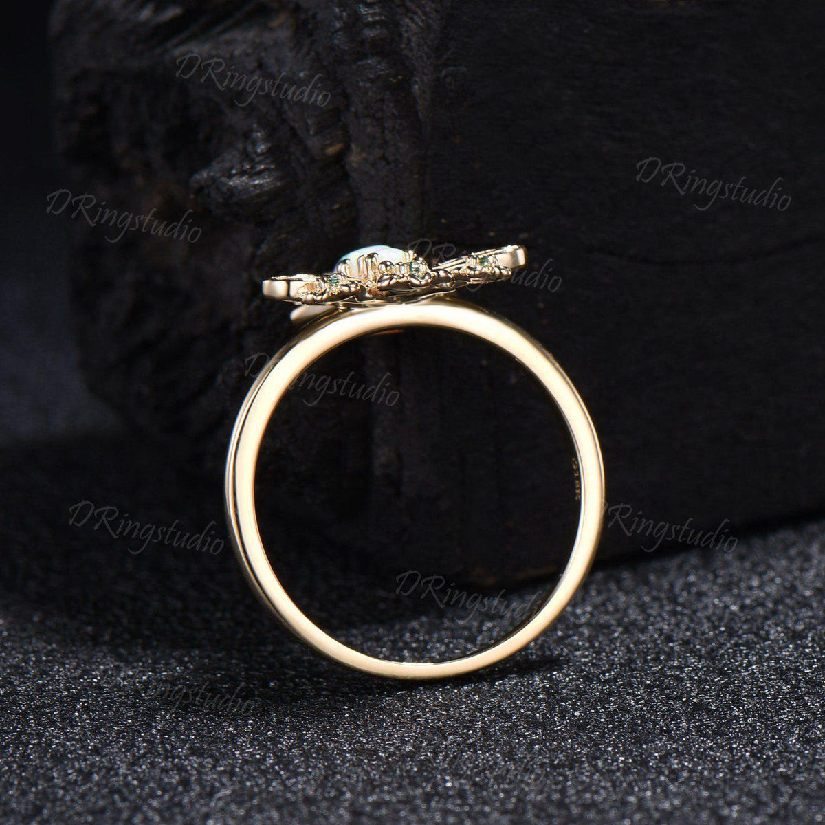 Oval White Opal Ring Handcrafted Honey Bee Opal Wedding Ring Green Emerald Floral Jewelry Women Personalized Anniversary Promise Ring Gifts