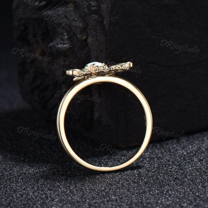 Oval White Opal Ring Handcrafted Honey Bee Opal Wedding Ring Green Emerald Floral Jewelry Women Personalized Anniversary Promise Ring Gifts