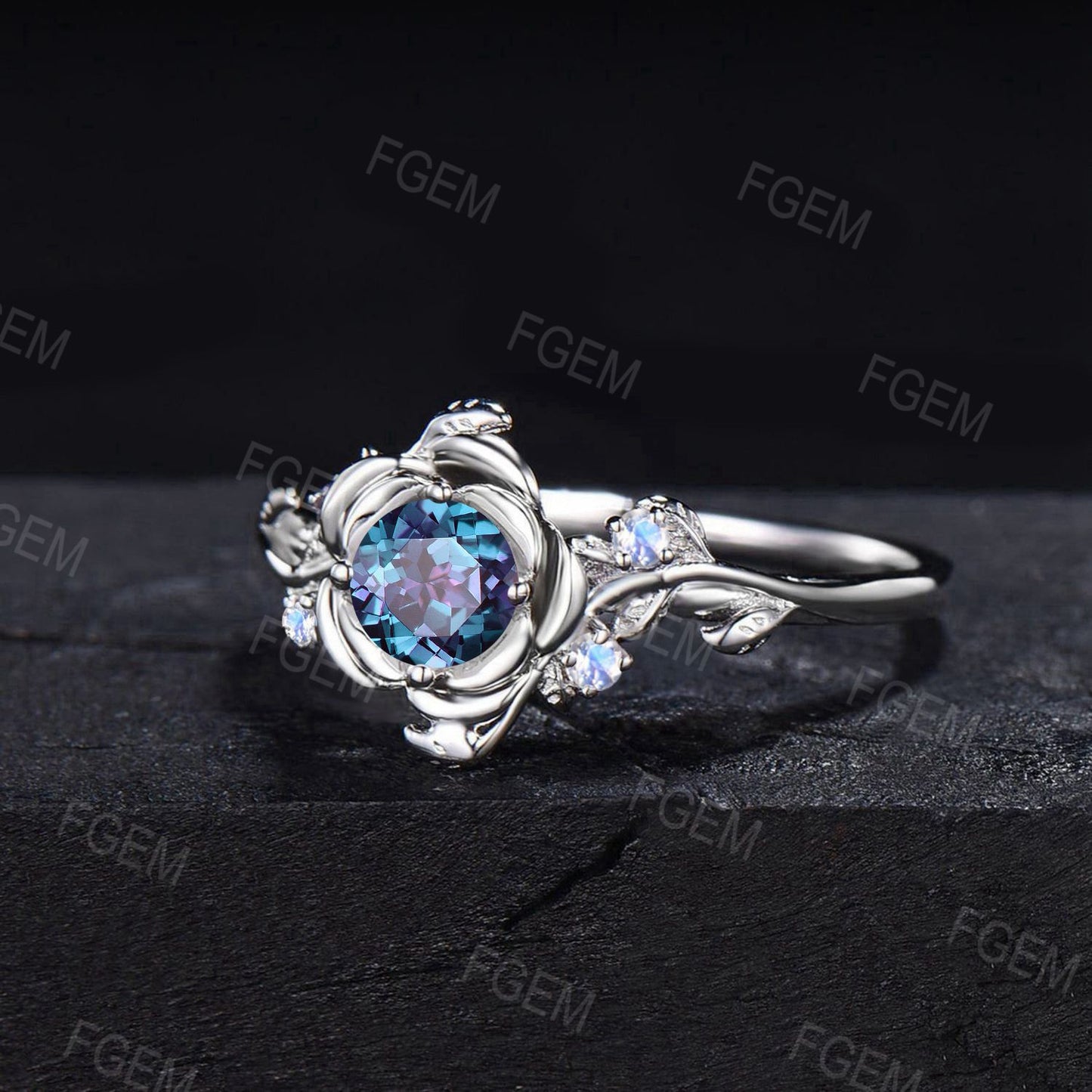 Rose Flower Engagement Ring Round Color-Change Alexandrite Wedding Ring 10k White Gold Moonstone Ring June Birthstone Jewelry Proposal Gifts