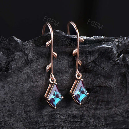 Branch Leaf Alexandrite Drop Earrings Rose Gold Earrings Kite Cut Color-Change Alexandrite Earrings Gemstone Dangle Earrings Wedding Gifts