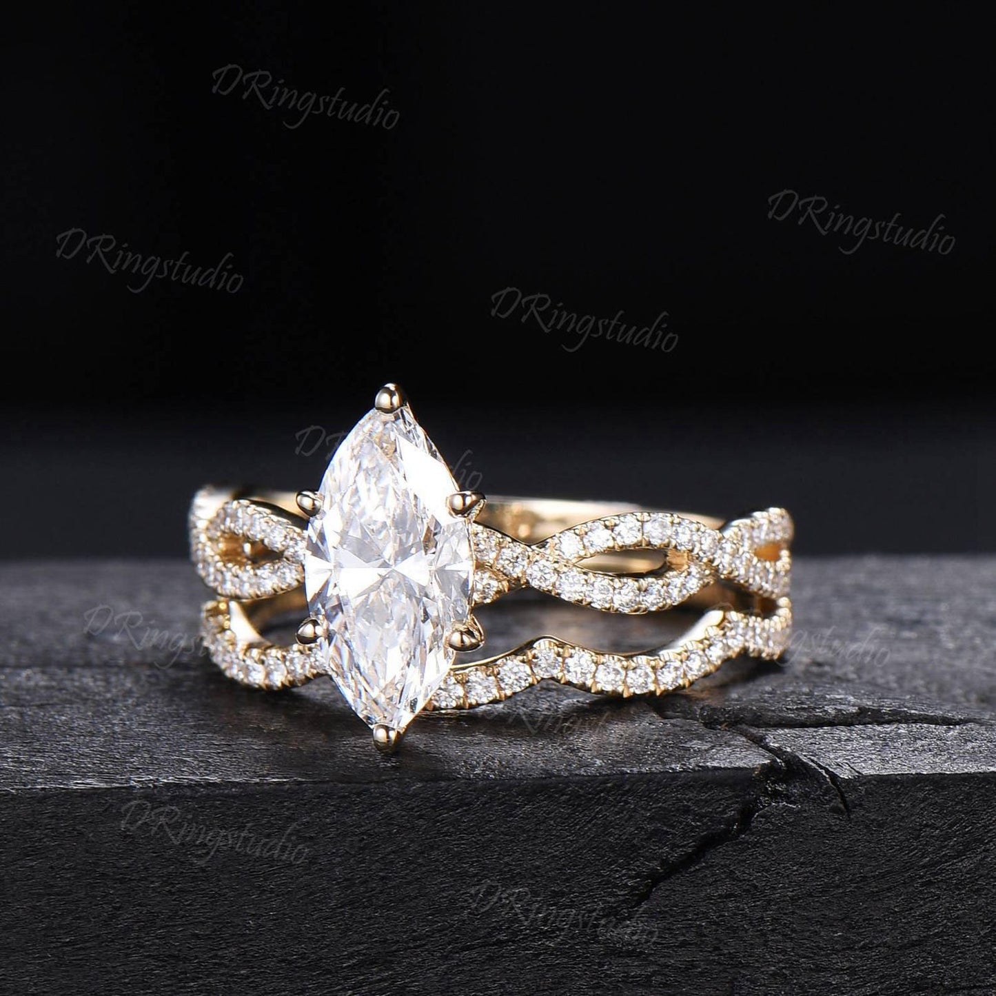 2ct Marquise Lab Grown Diamond Engagement Ring 14K Yellow Gold Twist Eternity Bridal Ring IGI Certified Diamond Wedding Ring Proposal Gift