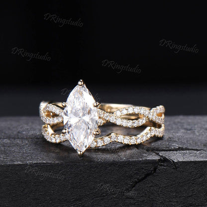 2ct Marquise Lab Grown Diamond Engagement Ring 14K Yellow Gold Twist Eternity Bridal Ring IGI Certified Diamond Wedding Ring Proposal Gift