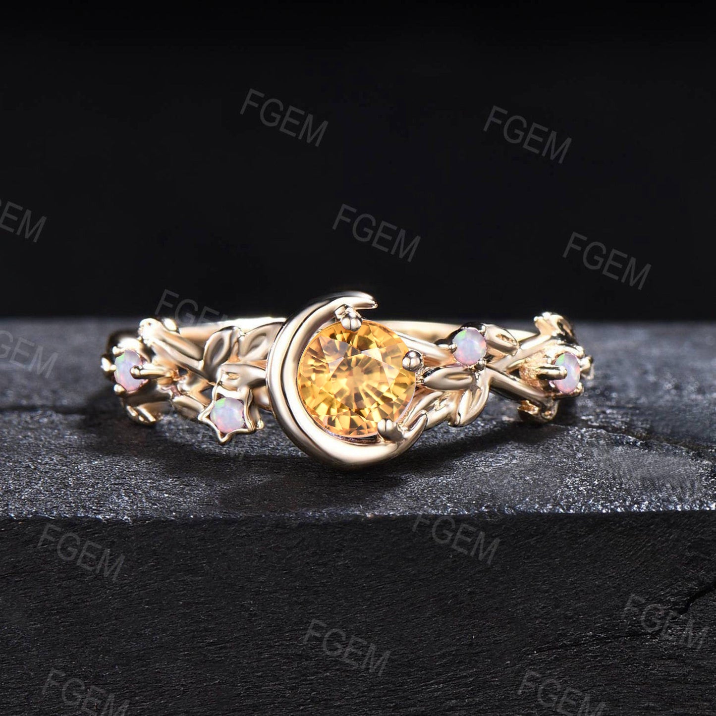 5mm Nature Inspired Natural Yellow Sapphire Opal Engagement Ring 14K Gold Moon Star Design Round Yellow Sapphire Ring Branch Leaf Wedding Rings
