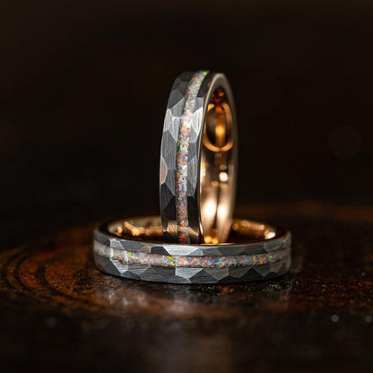 Hammered Opal Tungsten Wedding Band: Meteorite Whiskey Barrel Ring Never Fade Men Ring