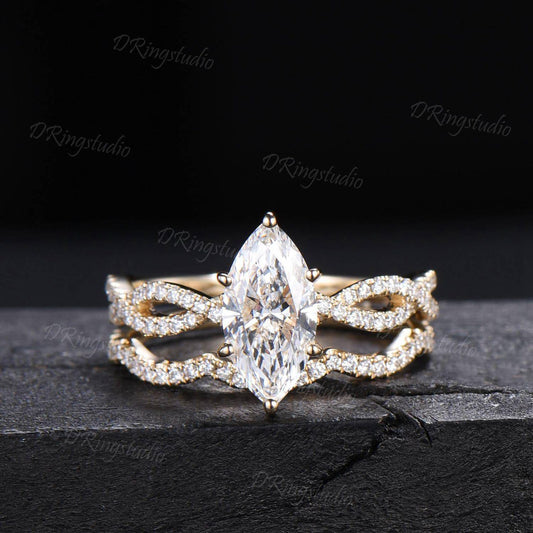 2ct Marquise Lab Grown Diamond Engagement Ring 14K Yellow Gold Twist Eternity Bridal Ring IGI Certified Diamond Wedding Ring Proposal Gift
