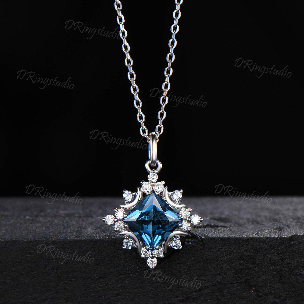Celestial Moon Pendant Necklace Vintage Princess London Blue Topaz Necklace Square December Birthstone Pendant Rose Gold Minimalist Necklace