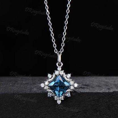 Celestial Moon Pendant Necklace Vintage Princess London Blue Topaz Necklace Square December Birthstone Pendant Rose Gold Minimalist Necklace