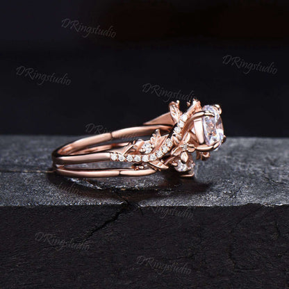 1ct Round Cut Natural Salt And Pepper Diamond Engagement Ring Set 14K Rose Gold Vine Floral Moissanite Stacking Ring For Alternative Women