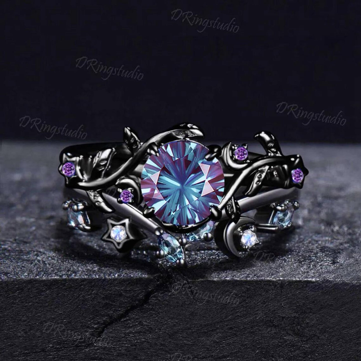6.5mm Round Fireworks Alexandrite Moon Star Ring Set Leaf Design Black Gold Amethyst Cluster Ring Gothic Vampire Engagement Ring for Women