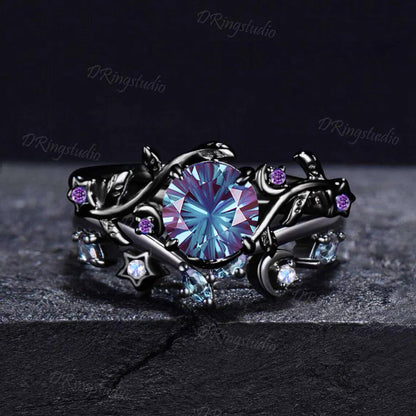 6.5mm Round Fireworks Alexandrite Moon Star Ring Set Leaf Design Black Gold Amethyst Cluster Ring Gothic Vampire Engagement Ring for Women