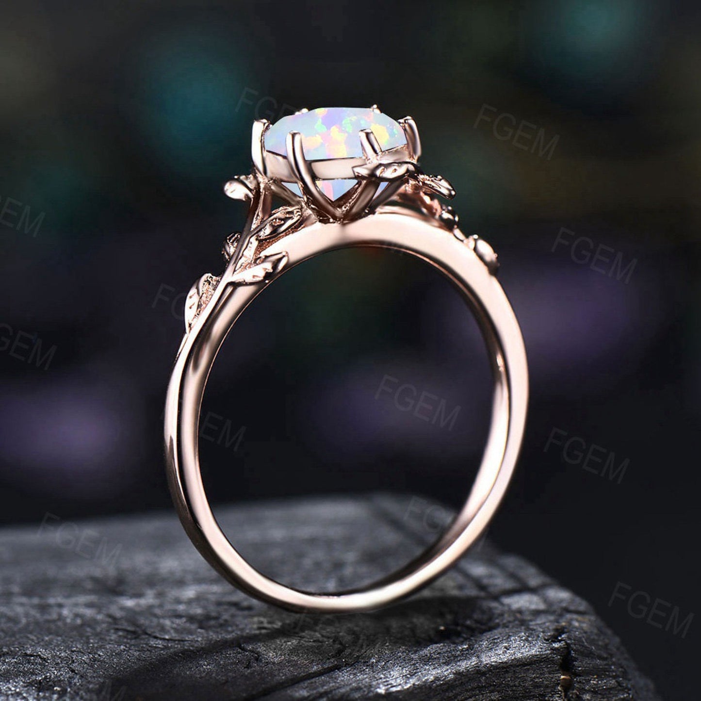 Nature Inspired Leaf Opal Ring Sterling Silver White Opal Ring for Women 1ct Round Cut Opal Engagement Ring October Birthstone Birthday Gift