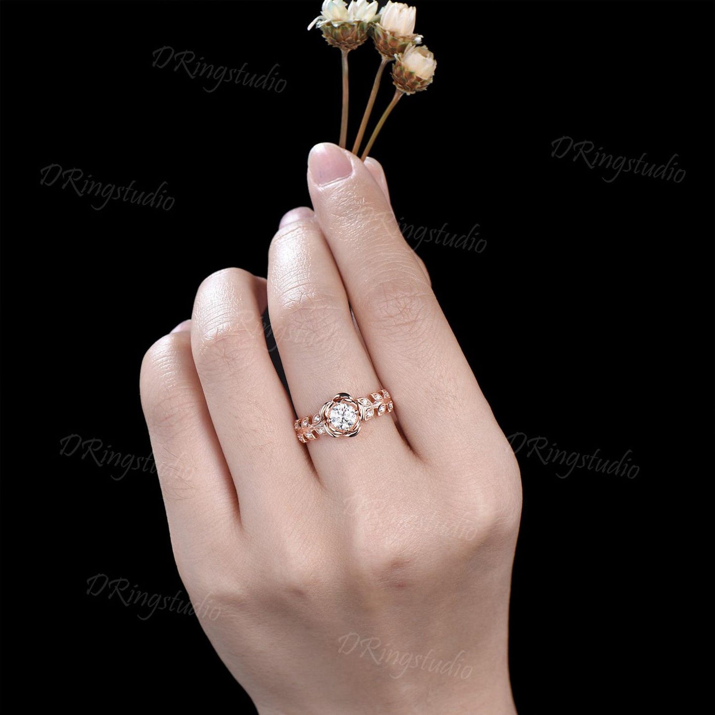Rose Flower Moissanite Engagement Ring 10K/14K/18K Rose Gold Vintage Leaf Diamond Bridal Ring Unique Anniversary Gift Floral Wedding Ring
