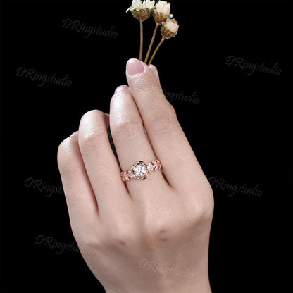 Rose Flower Moissanite Engagement Ring 10K/14K/18K Rose Gold Vintage Leaf Diamond Bridal Ring Unique Anniversary Gift Floral Wedding Ring