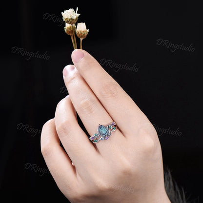 1.25CT Fantasy Cut Color-Change Alexandrite Black Gold Wedding Ring Set Teardrop Engagement Rings Twig Vine Emerald Amethyst Bridal Set