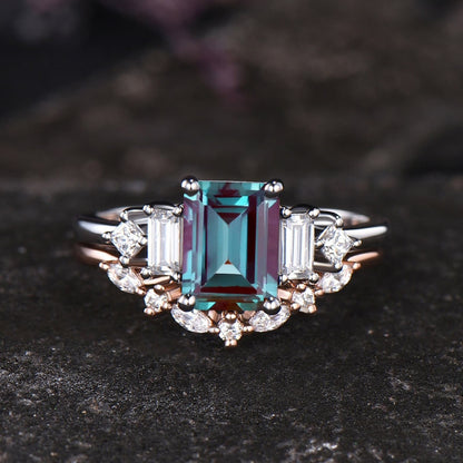 Emerald Shaped Alexandrite Engagement Ring Set Unique Baguette Princess Moissanite Five Stone Ring Vintage June Birthstone Anniversary Gift