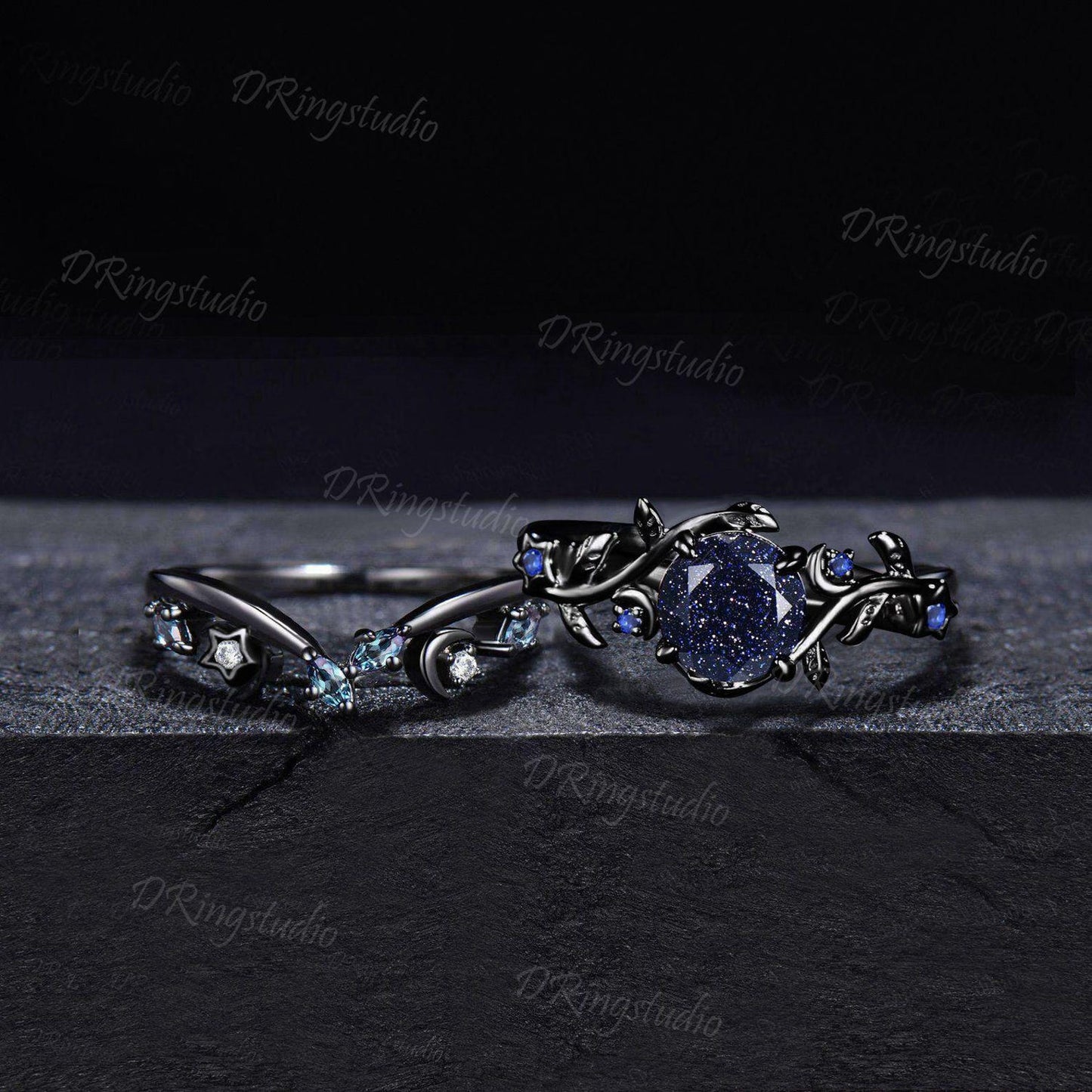 Celestial Moon Round Blue Sandstone Engagement Ring Set Nature Inspired Star Leaf Sapphire Promise Ring Black Gold Nebula Ring for Women