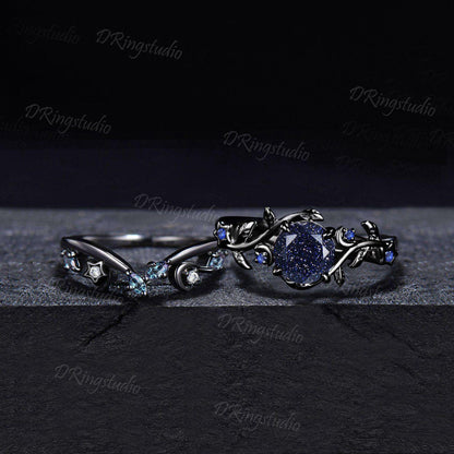 Celestial Moon Round Blue Sandstone Engagement Ring Set Nature Inspired Star Leaf Sapphire Promise Ring Black Gold Nebula Ring for Women