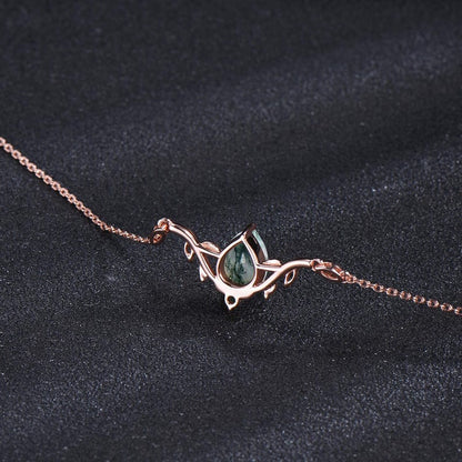 Rose Gold Branch Leaf Bracelet Nature Inspired Wedding Bracelet Pear Shaped Natural Moss Agate Bracelet Boho Bridal Jewelry Proposal Gift