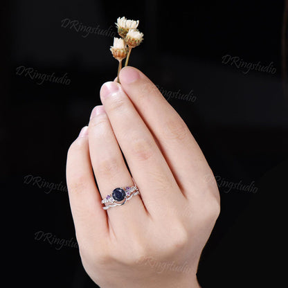 Black Gold Moon Nebula Blue Sandstone Ring Set Celestial Round Blue Goldstone Star Engagement Ring Amethyst Cluster Promise Bridal Ring Set
