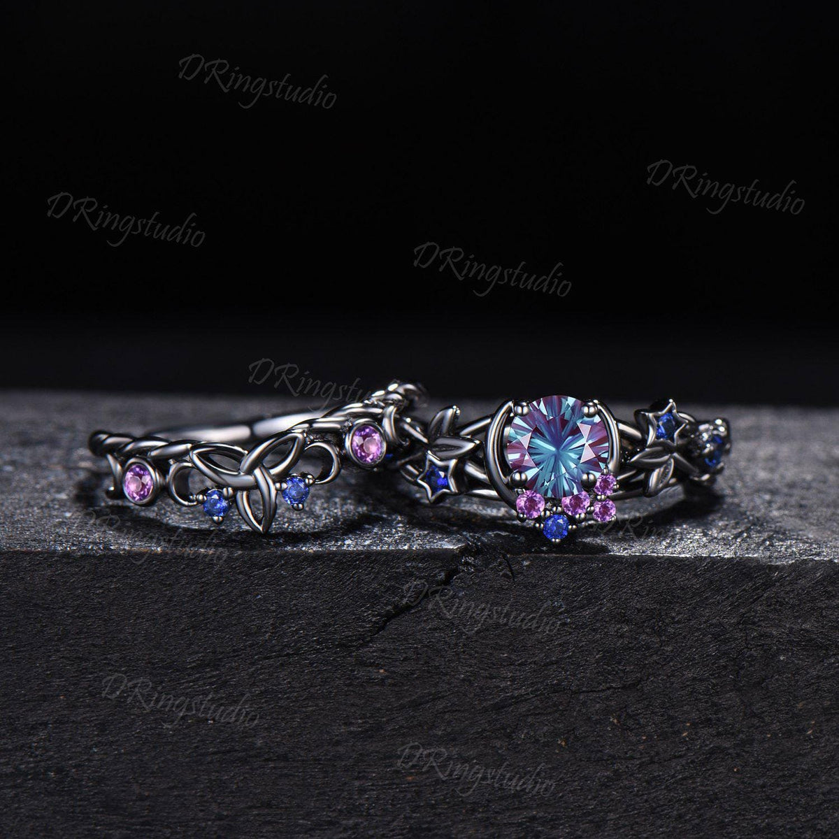 Unique Fireworks Cut Alexandrite Engagement Ring Set Moon Leaf Design Black Gold Amethyst Cluster Wedding Rings Alternative Bridal Gift