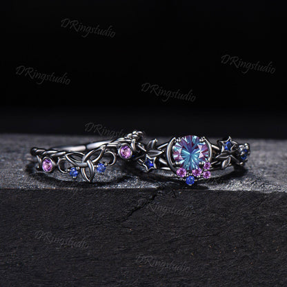 Unique Fireworks Cut Alexandrite Engagement Ring Set Moon Leaf Design Black Gold Amethyst Cluster Wedding Rings Alternative Bridal Gift