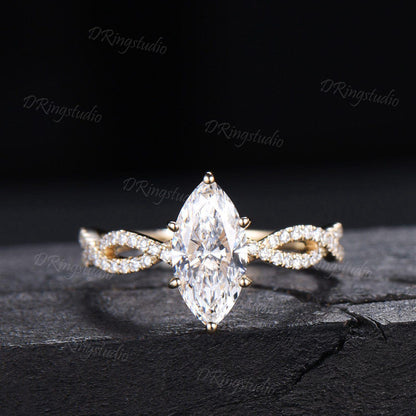 2ct Marquise Lab Grown Diamond Engagement Ring 14K Yellow Gold Twist Eternity Bridal Ring IGI Certified Diamond Wedding Ring Proposal Gift