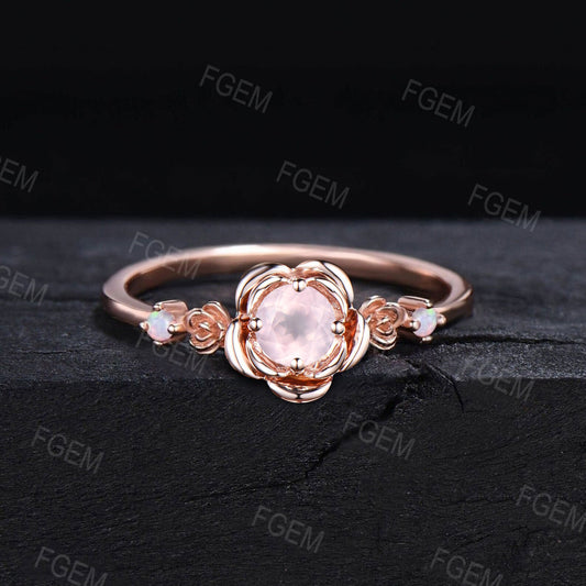 5mm Round Natural Rose Quartz Ring Rose Engagement Rings Pink Crystal Ring Valentine's Day Jewelry Gift for Couple Opal Floral Wedding Ring