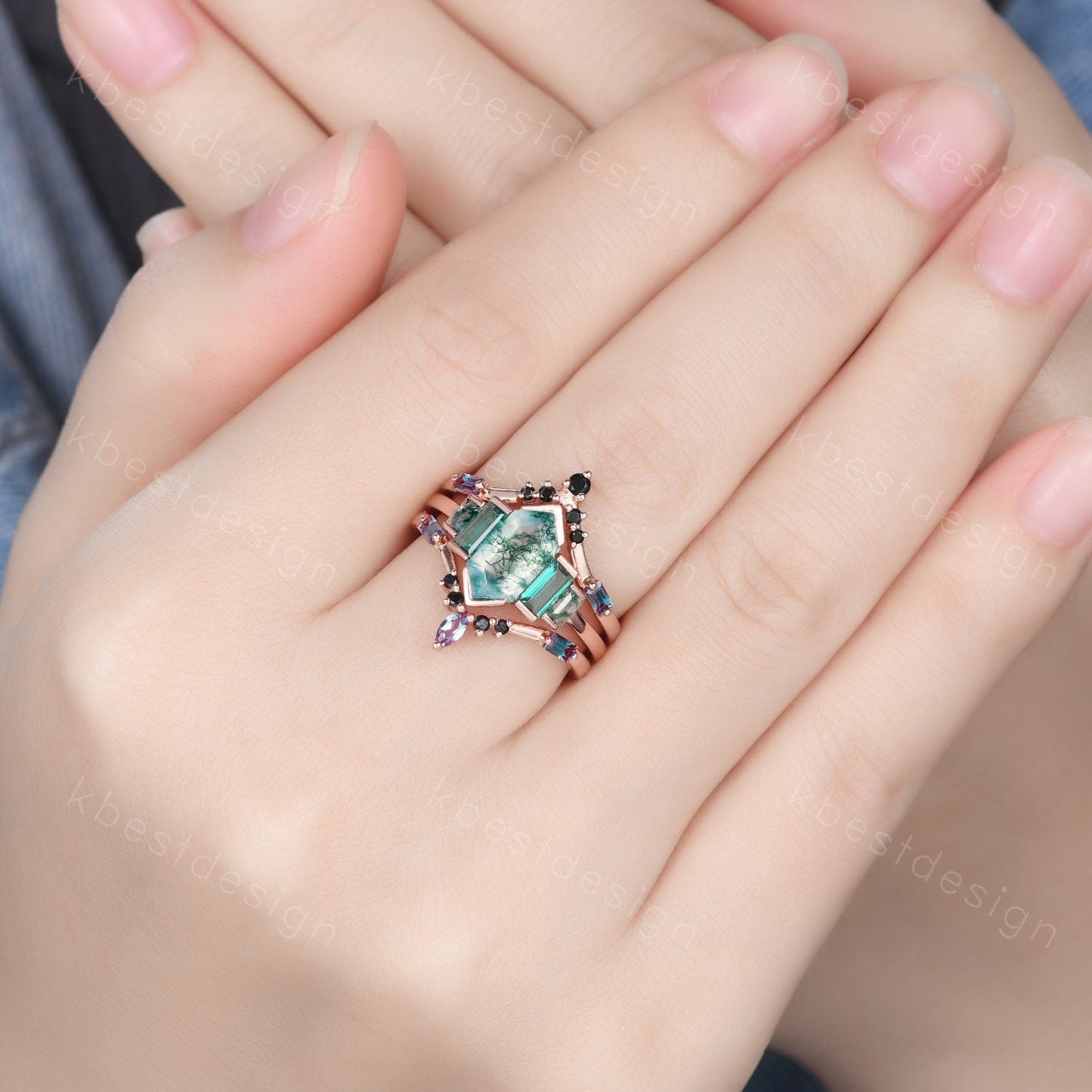 Vintage moss agate engagement ring Set Unique rose gold baguette cut emerald ring Retro Double curved Alexandrite wedding band Bridal ring