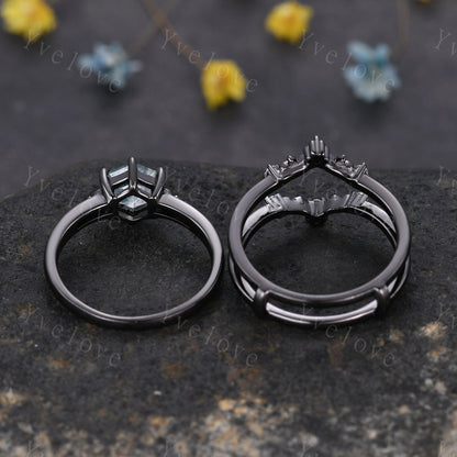 Hexagon Shaped Black Fire Opal Engagement Ring Set Black Silver Band Vintage Opal Wedding Ring Enhancer Band Art Deco Bridal Set For Women