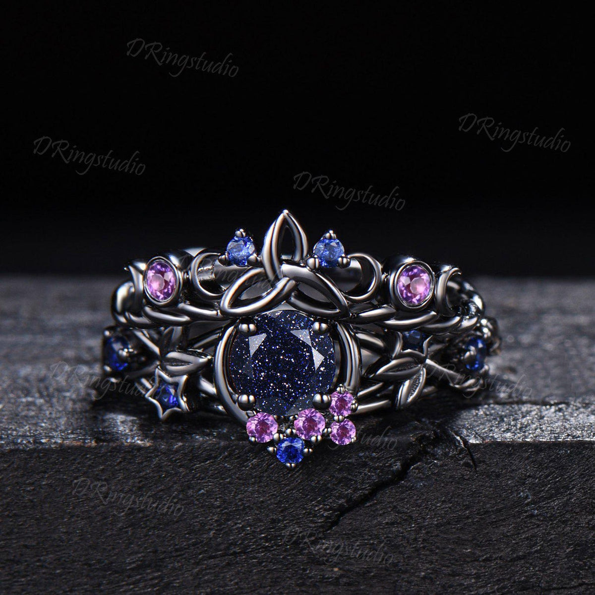 Blue Sandstone Moon Engagement Ring Set Gothic Black Gold Amethyst Sapphire Stacking Ring Nature Inspired Celtic knot Starry Promise Ring