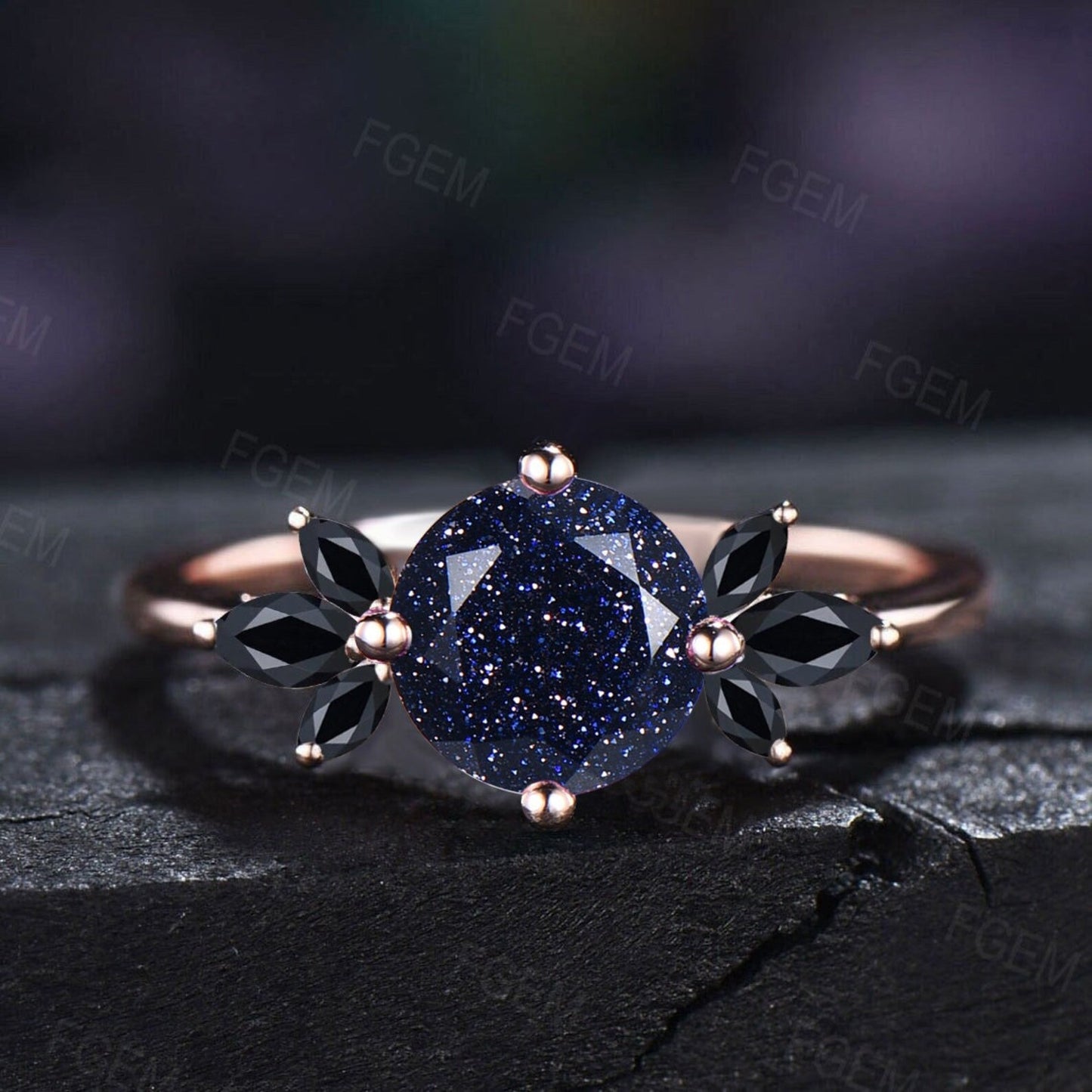 1.25ct Pear Shaped Starry Sky Blue Sandstone Cluster Engagement Ring 14K Rose Gold Black Diamond Ring Unique Handmade Proposal Gifts for Her