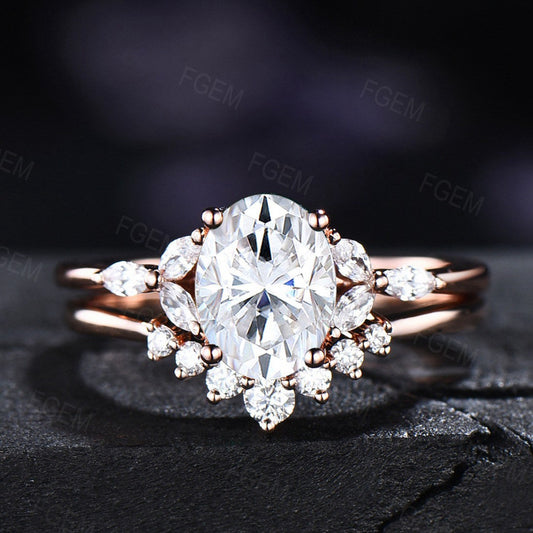 Oval Diamond Ring Set Solid Gold Moissanite Engagement Ring Vintage 1.5ct Bridal Wedding Ring Set Curved Stacking Band Gift for Women