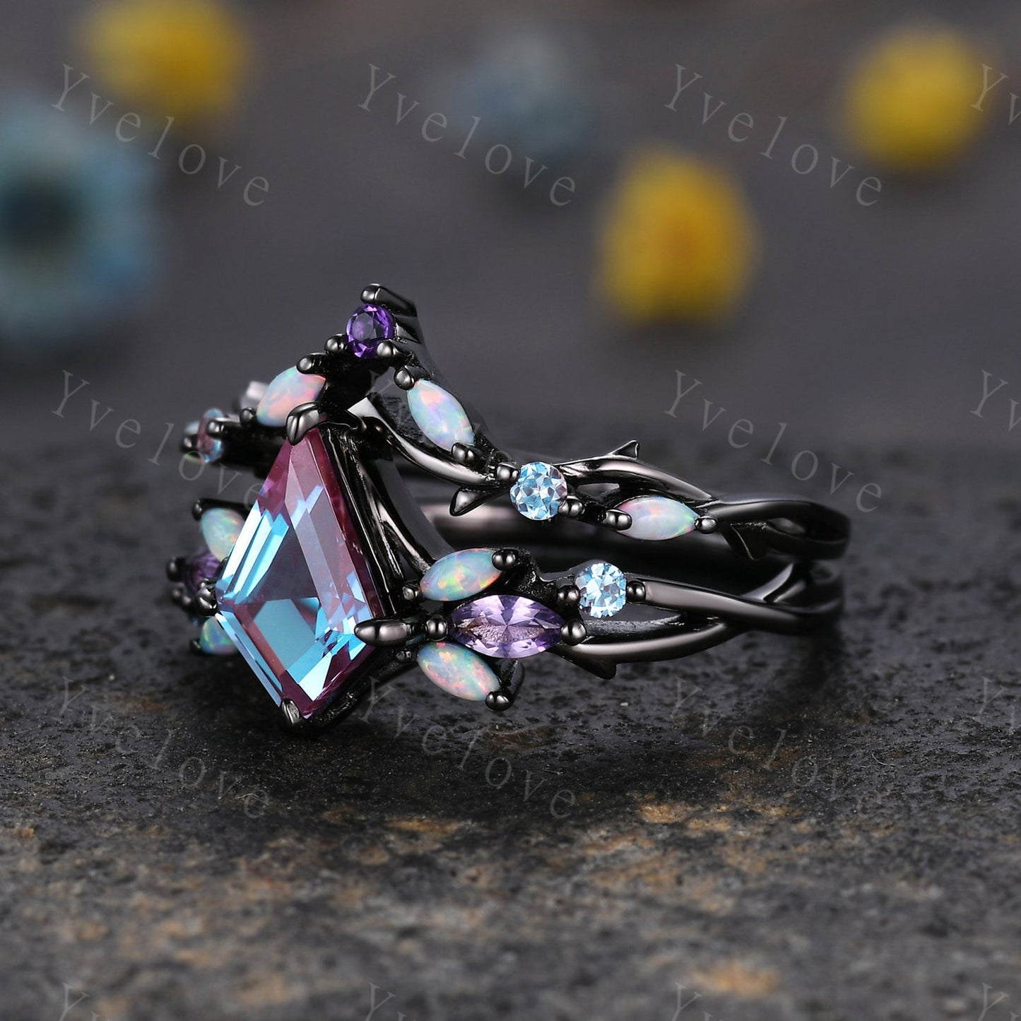 Black Gold Alexandrite Engagement Ring Set with Opal & Amethyst Vines