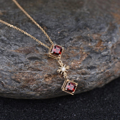 Milgrain Princess Cut Natural Garnet Anniversary Necklace Vintage January Birthstone Three Stone Dangle Necklace Yellow Gold Drop Pendant