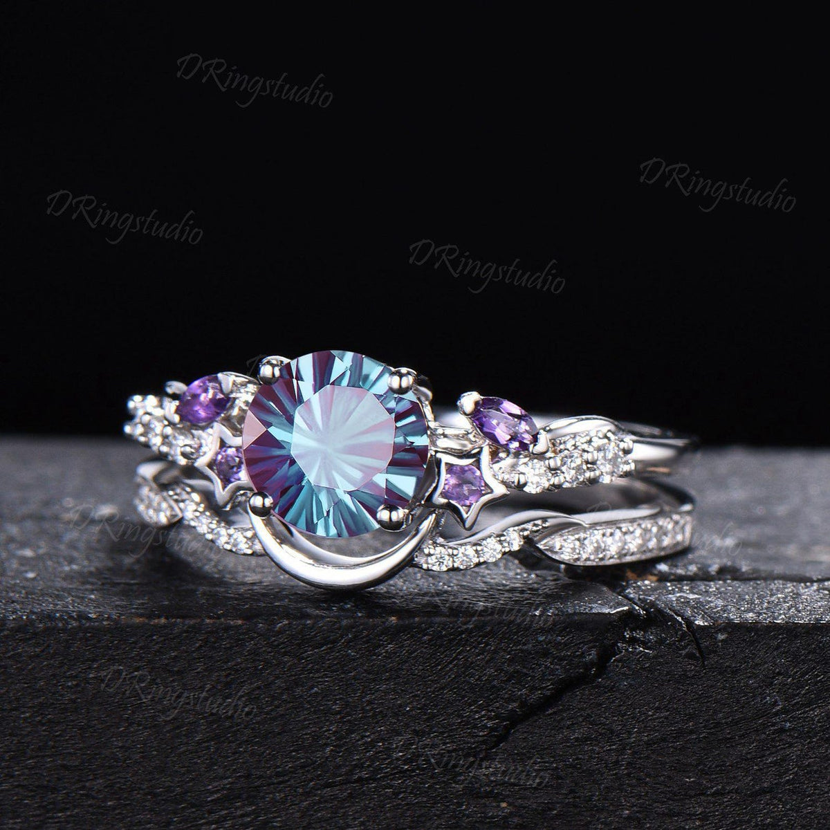 6.5mm Round Fireworks Cut Alexandrite Bridal Ring Set Waxing Crescent Moon Star Amethyst Silver Engagement Ring Color-Change Ring Women Gift