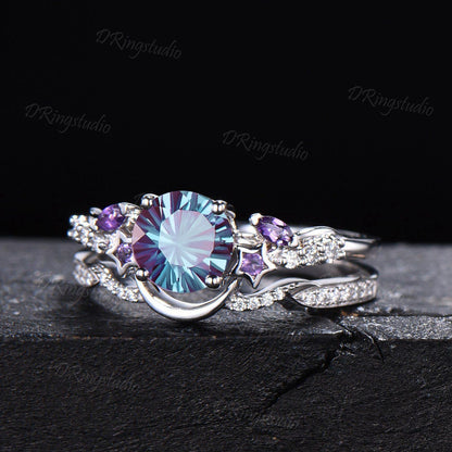 6.5mm Round Fireworks Cut Alexandrite Bridal Ring Set Waxing Crescent Moon Star Amethyst Silver Engagement Ring Color-Change Ring Women Gift