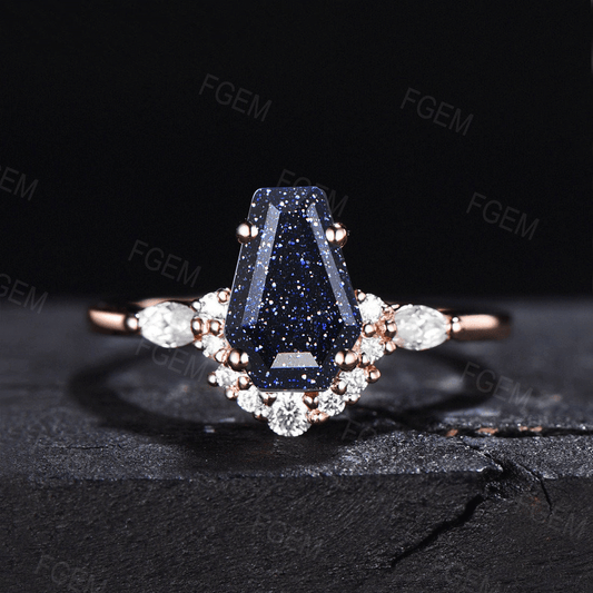 Coffin Shaped Galaxy Starry Sky Blue Sandstone Wedding Ring Vintage Vampire Gothic Engagement Ring Moissanite Ring Unique Promise Statement Ring