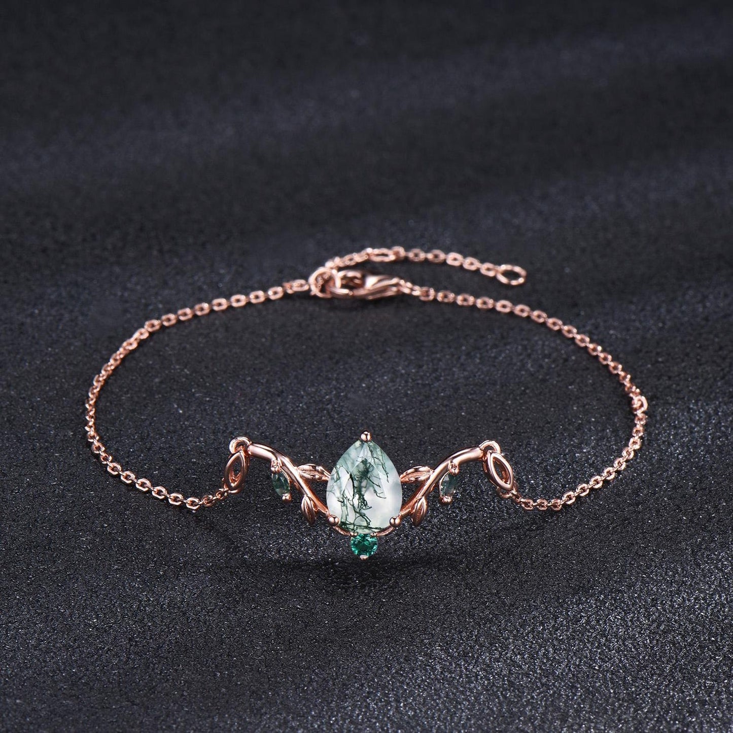 Rose Gold Branch Leaf Bracelet Nature Inspired Wedding Bracelet Pear Shaped Natural Moss Agate Bracelet Boho Bridal Jewelry Proposal Gift
