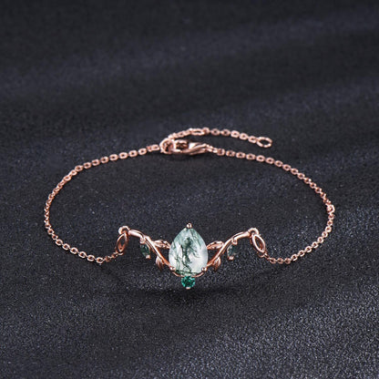 Rose Gold Branch Leaf Bracelet Nature Inspired Wedding Bracelet Pear Shaped Natural Moss Agate Bracelet Boho Bridal Jewelry Proposal Gift