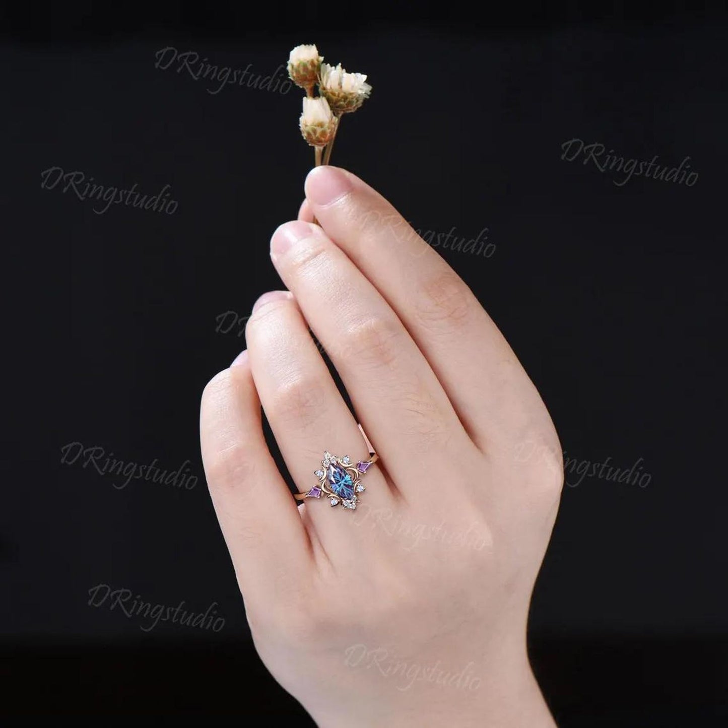 Antique Fireworks Cut Alexandrite Engagement Ring Moon Halo Rose Gold Marquise Color Change Ring Amethyst Moissanite Alternative Bridal Ring