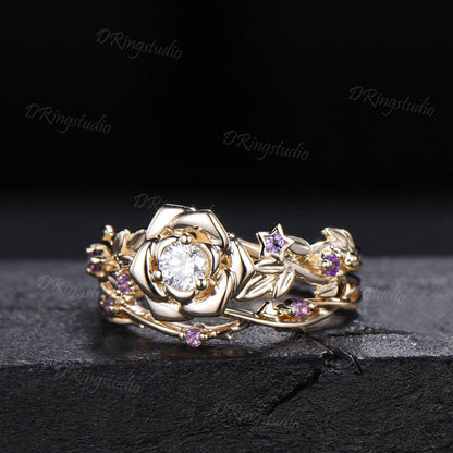 Round Lab Grown Diamond Flower Engagement Ring Set Floral Branch Leaf Bridal Set Amethyst Wedding Band 14K Yellow Gold Anniversary Gift