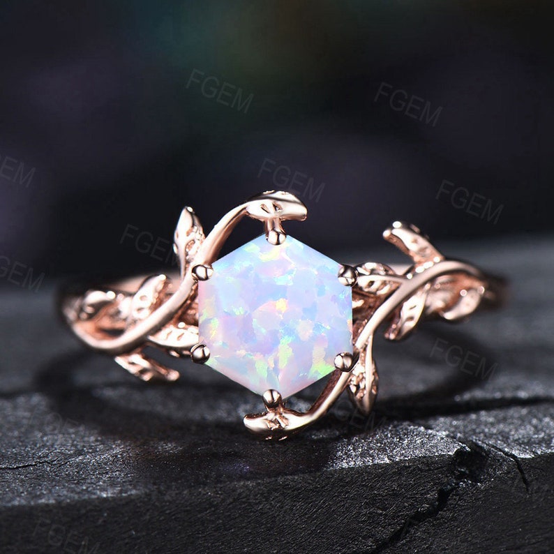 Nature Inspired Leaf Opal Ring Sterling Silver White Opal Ring for Women 1ct Round Cut Opal Engagement Ring October Birthstone Birthday Gift