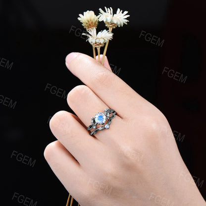 Black Gold Engagement Ring 6.5mm Round Rainbow Moonstone Ring Set Branch Leaf Natural Moonstone Bridal Set Blue Crystal Ring Proposal Gifts