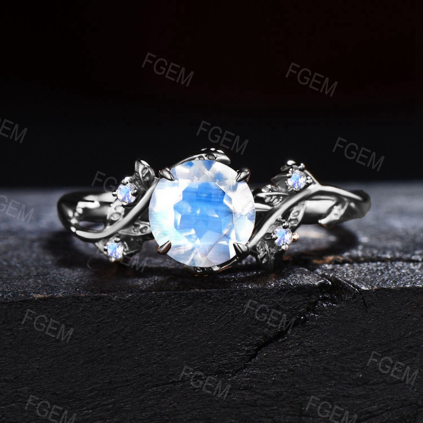 Black Gold Engagement Ring 6.5mm Round Rainbow Moonstone Ring Set Branch Leaf Natural Moonstone Bridal Set Blue Crystal Ring Proposal Gifts