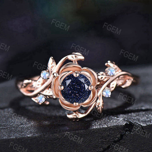 Nature Inpsired Galaxy Blue Sandstone Engagement Ring 14k Rose Gold Moonstone Wedding Ring Rose Flower Blue Goldstone Jewelry Promise Gifts